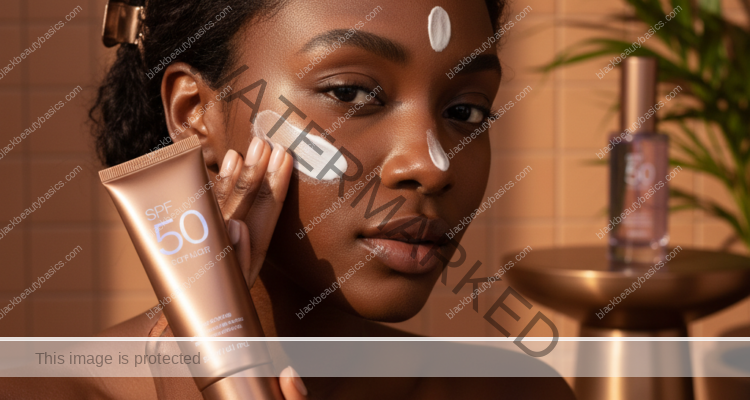 Black woman with deep skin in an editorial sunscreen moment for How Much Sunscreen to Use on Deep Skin Without Looking Heavy