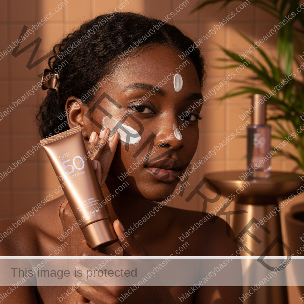 Black woman with deep skin in an editorial sunscreen moment for How Much Sunscreen to Use on Deep Skin Without Looking Heavy