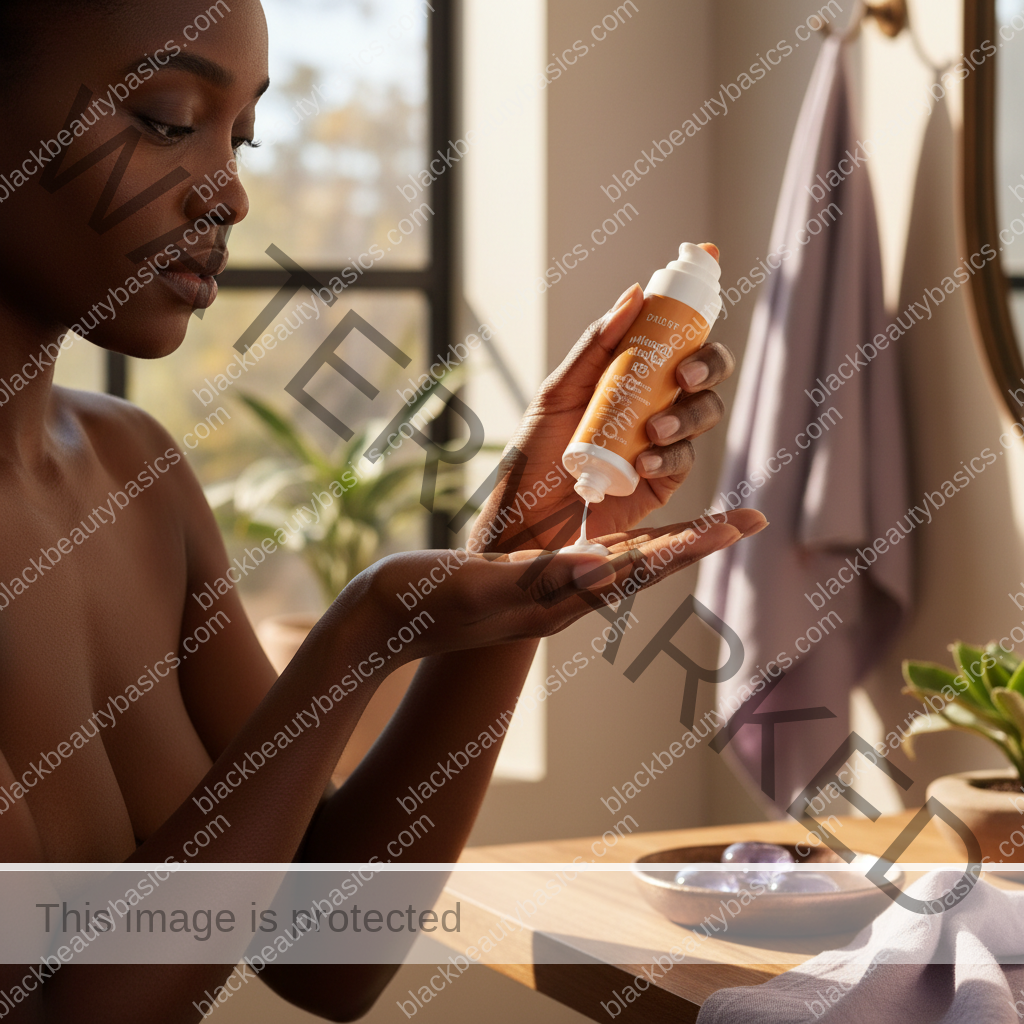 Black woman applying sunscreen in a practical step for How Much Sunscreen to Use on Deep Skin Without Looking Heavy