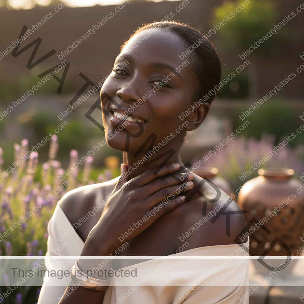 Black woman with deep skin relaxed in soft daylight after sunscreen application