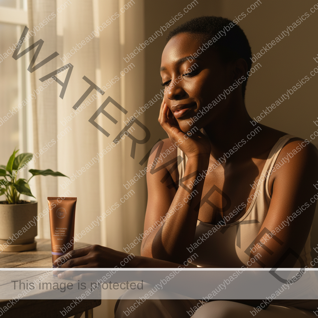 Black woman with richly melanated skin in a calm reflective sunscreen routine moment