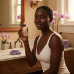 Black woman with glowing deep skin holding a vitamin C serum in soft editorial bathroom light