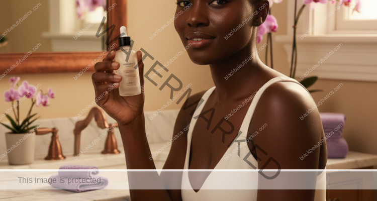 Black woman with glowing deep skin holding a vitamin C serum in soft editorial bathroom light