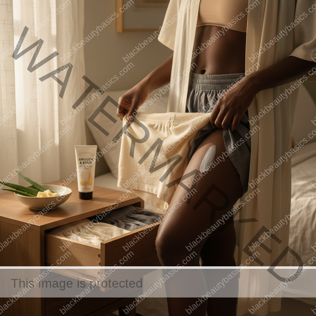 Black woman with deep skin choosing soft breathable shorts as part of anti-chafe body care
