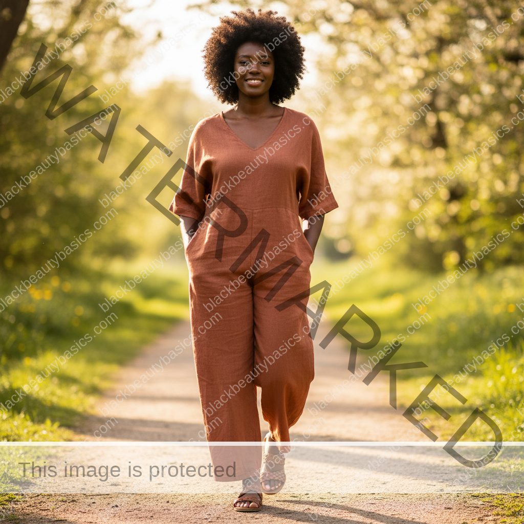 Black woman with deep skin walking outdoors with relaxed confidence and natural skin texture