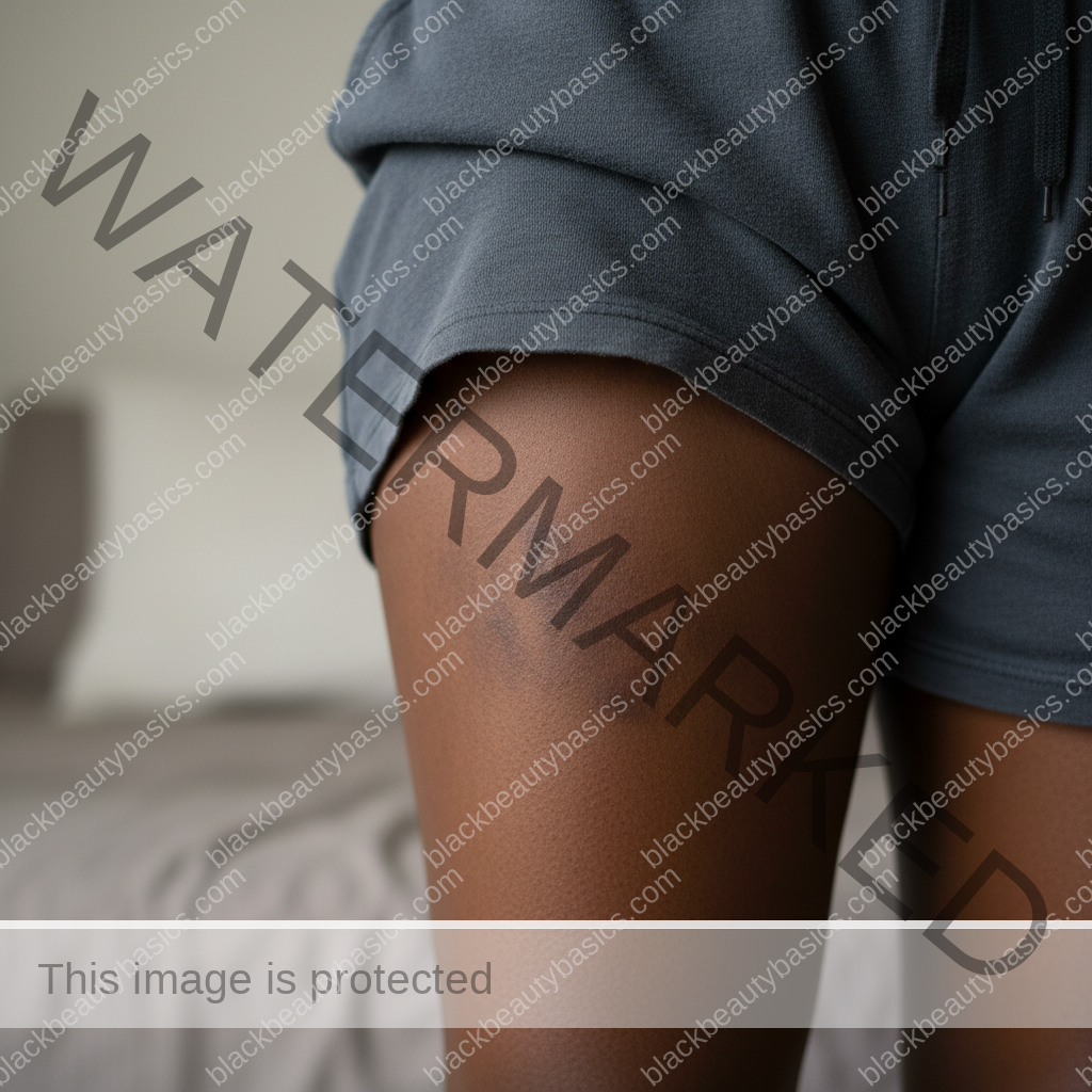 Respectful image of deep skin upper thighs in modest shorts for friction-related discoloration context