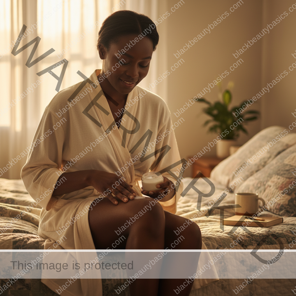 Black woman with deep skin preparing for body care in a modest bedroom setting without shame