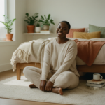 Editorial portrait of a Black woman with deep skin for an inner thigh discoloration care guide
