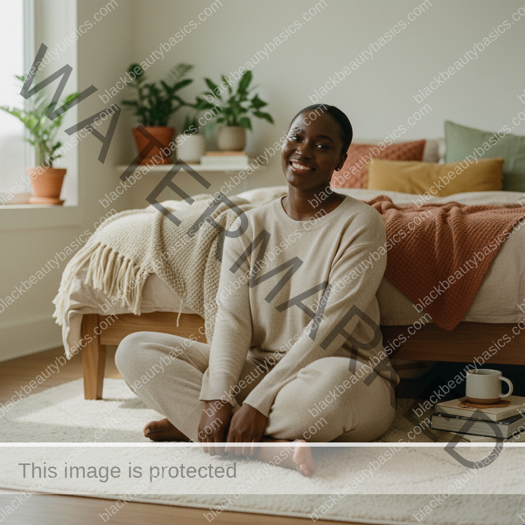 Editorial portrait of a Black woman with deep skin for an inner thigh discoloration care guide