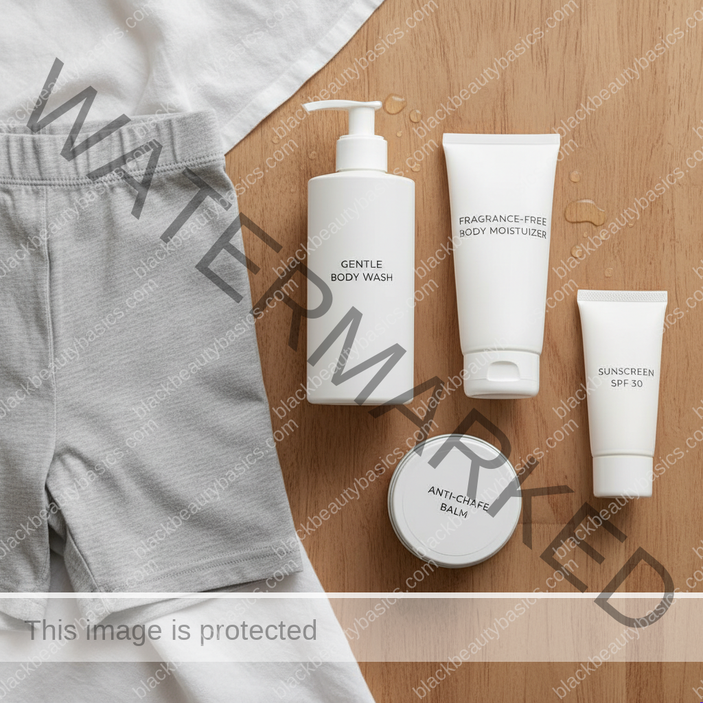 Gentle body care essentials for inner-thigh discoloration on melanin-rich skin arranged neatly