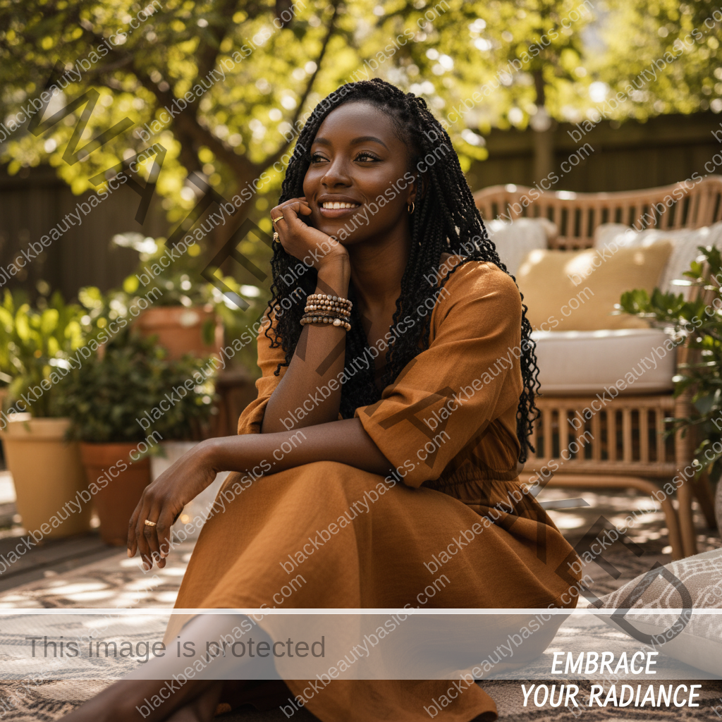 Black woman with deep skin sitting comfortably outdoors with natural skin texture and confidence