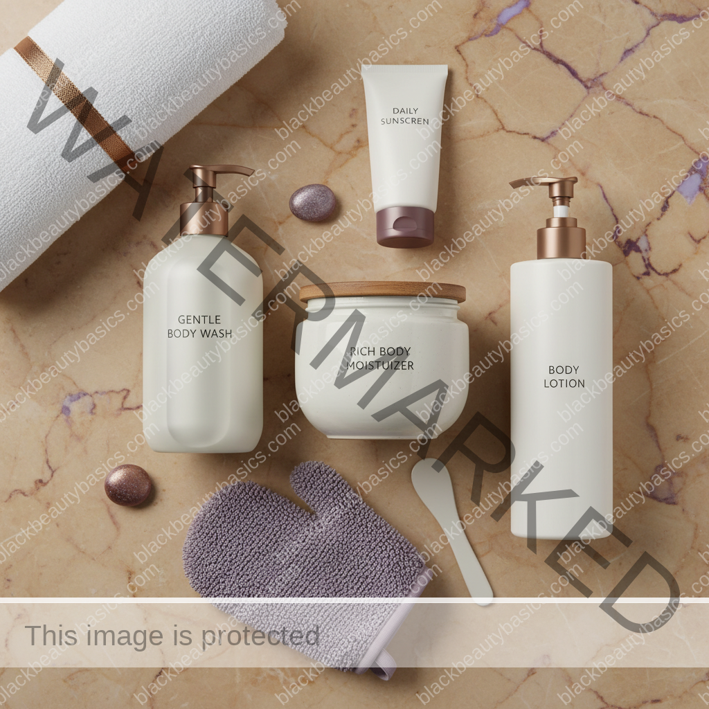 Body care routine essentials for knees and elbows on deep skin arranged on a bathroom counter
