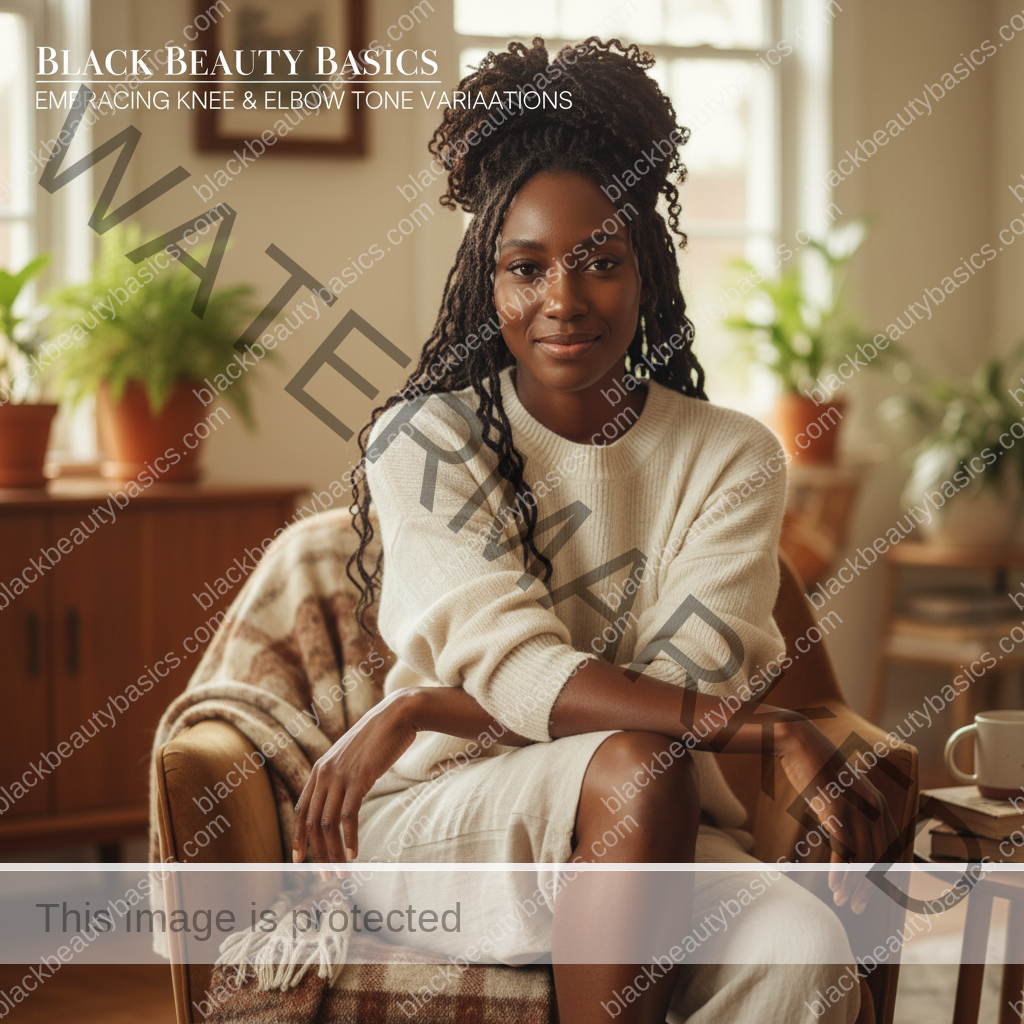 Editorial portrait of a Black woman with deep skin for a knee and elbow discoloration routine guide