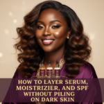 Black woman in a calm skincare setting for how to layer serum, moisturizer, and spf without pilling on dark skin