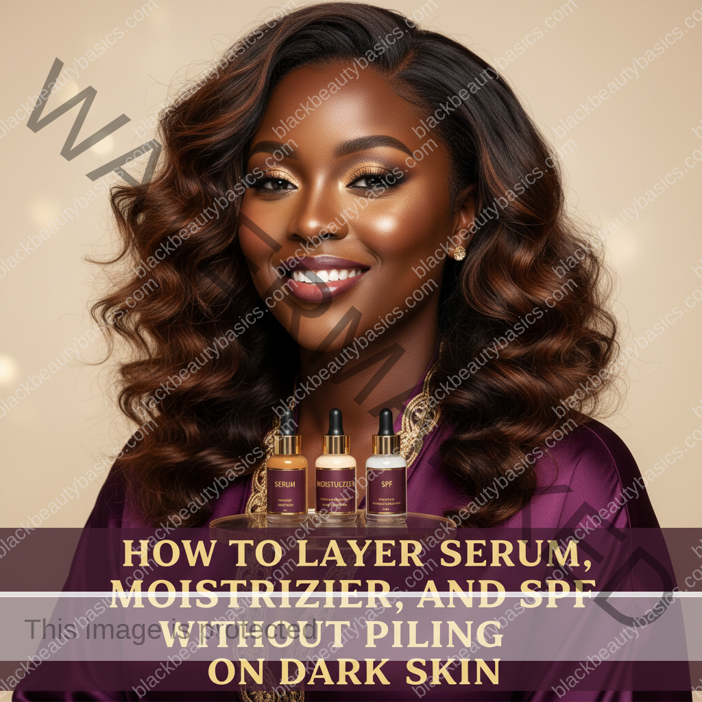Black woman in a calm skincare setting for how to layer serum, moisturizer, and spf without pilling on dark skin