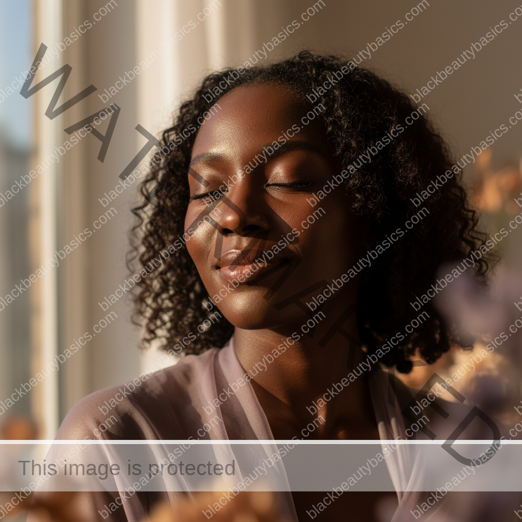 Black woman with deep skin glowing softly with a balanced sunscreen finish