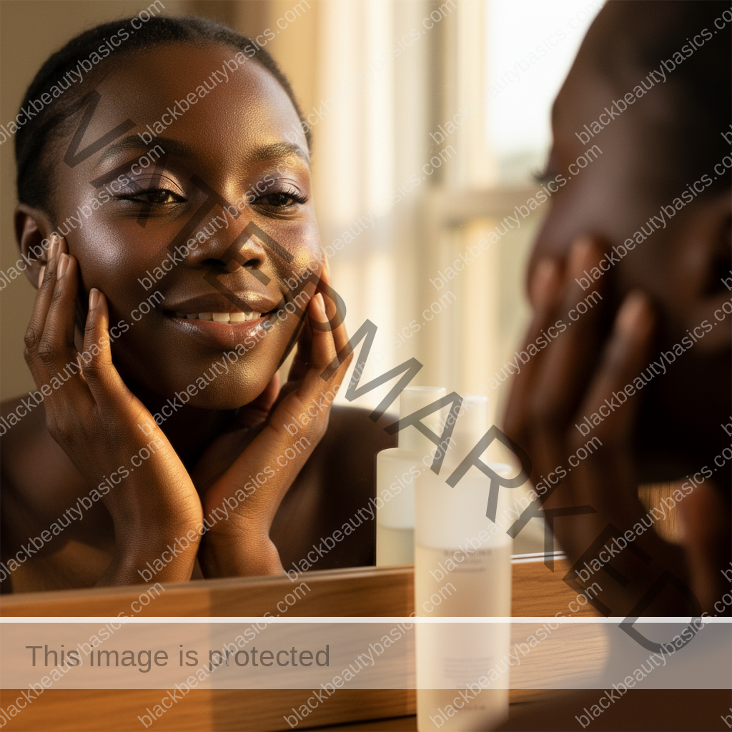Black woman with deep skin checking sunscreen finish near a window