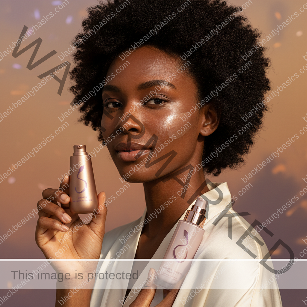 Black woman with deep skin comparing matte and dewy sunscreen finishes