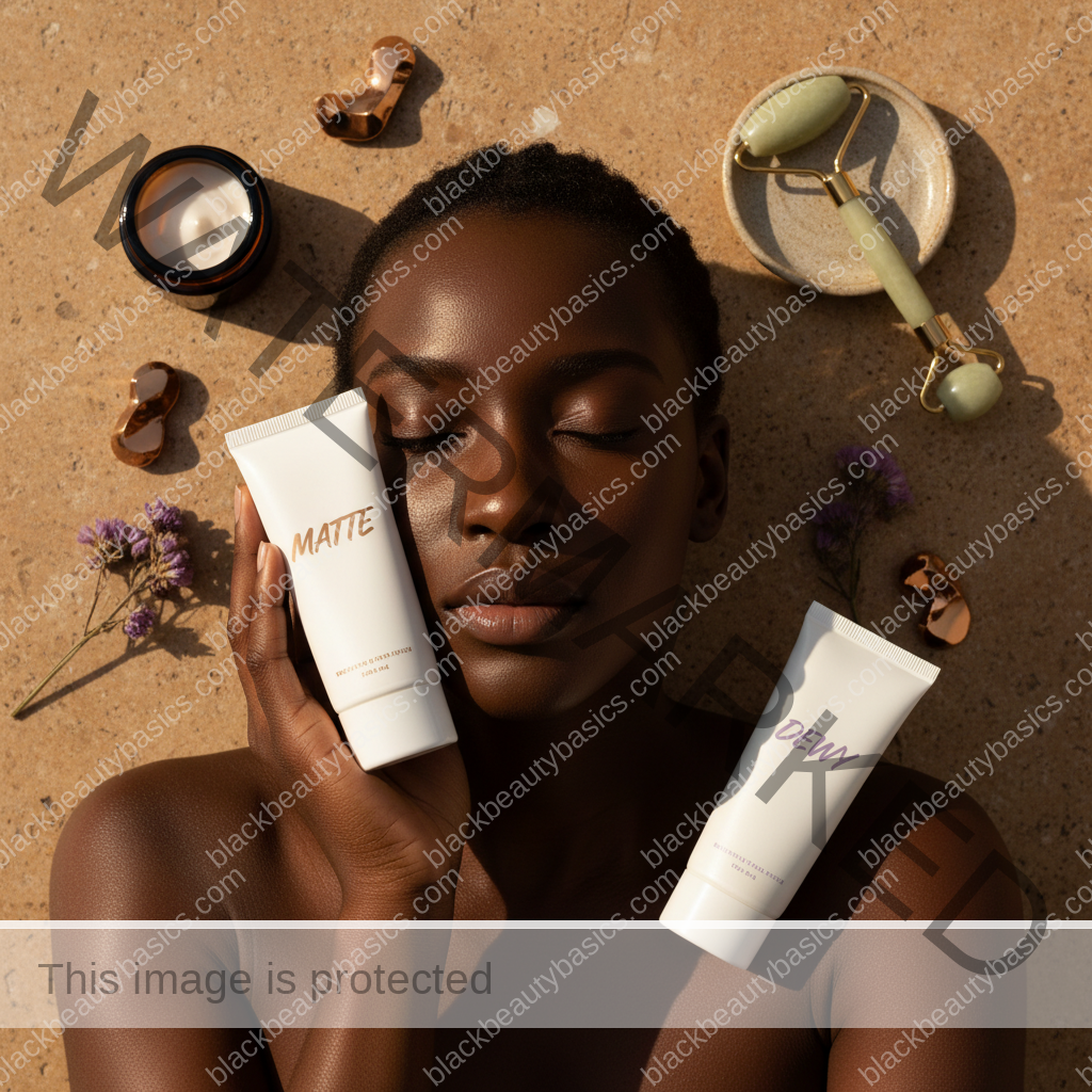Flat lay of matte sunscreen, dewy sunscreen, moisturizer, and blotting sheets