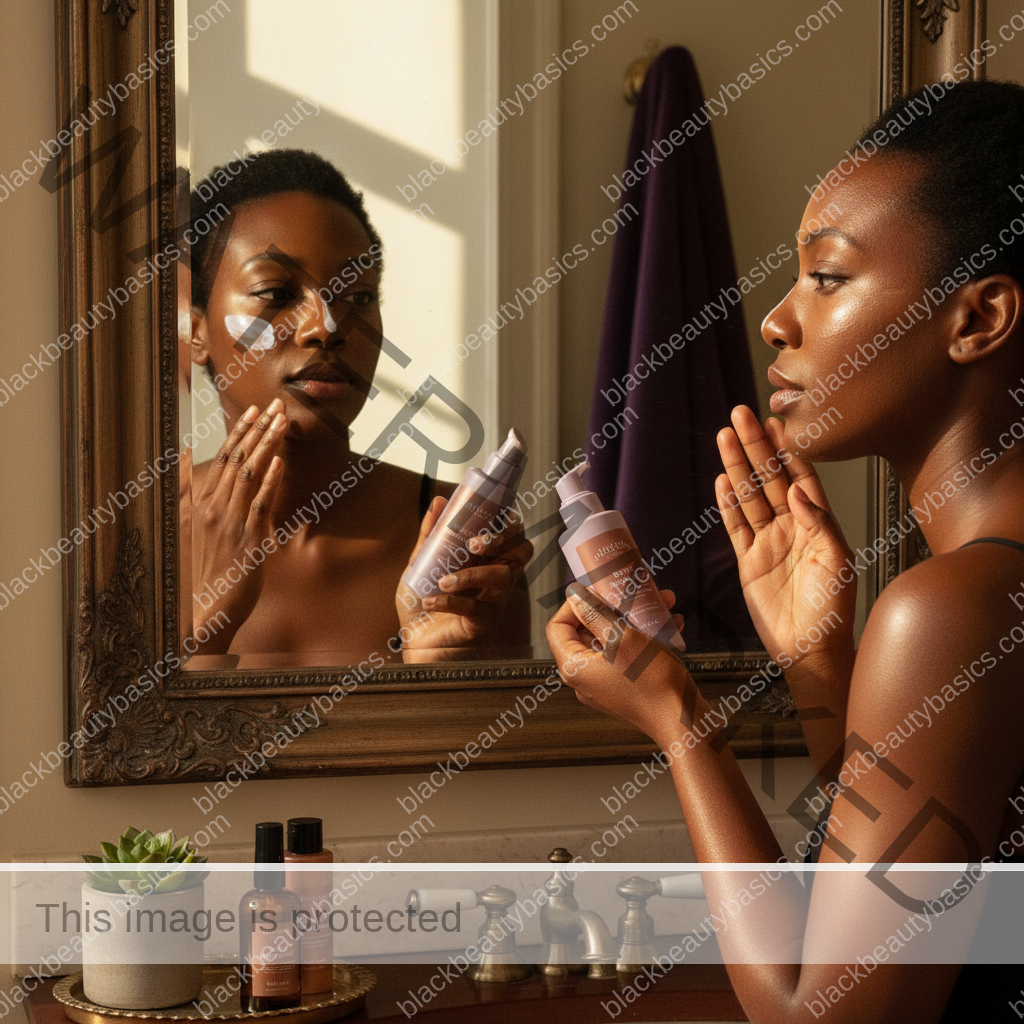 Black woman applying sunscreen and checking the finish in daylight