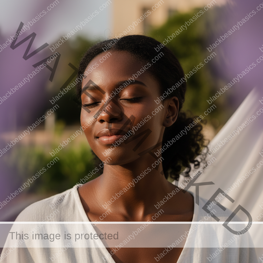 Black woman with deep skin relaxed in soft daylight after sunscreen application