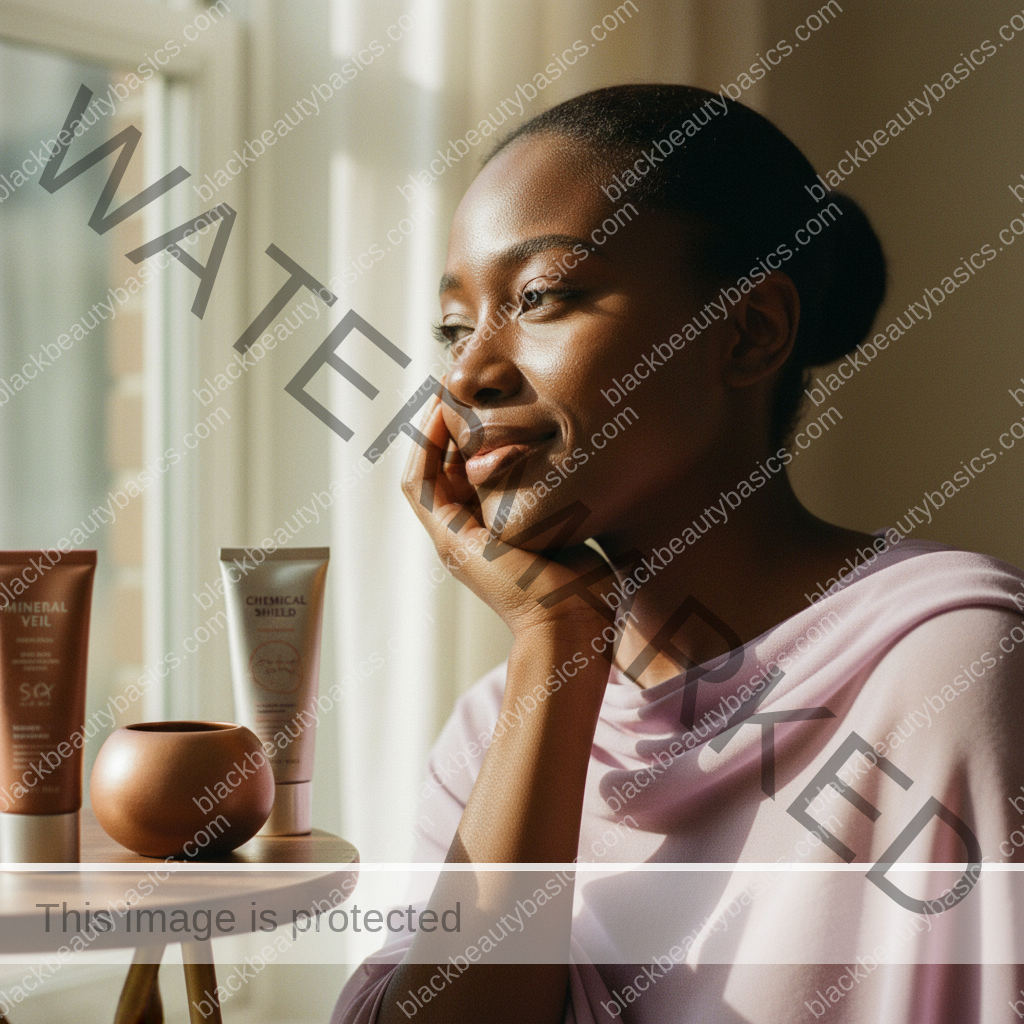 Black woman with richly melanated skin in a calm reflective sunscreen routine moment