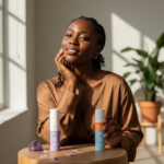 Black woman with deep skin in an editorial sunscreen moment for Mineral vs Chemical Sunscreen for Dark Skin