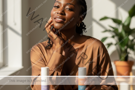 Black woman with deep skin in an editorial sunscreen moment for Mineral vs Chemical Sunscreen for Dark Skin