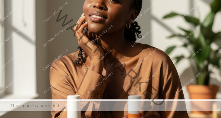 Black woman with deep skin in an editorial sunscreen moment for Mineral vs Chemical Sunscreen for Dark Skin