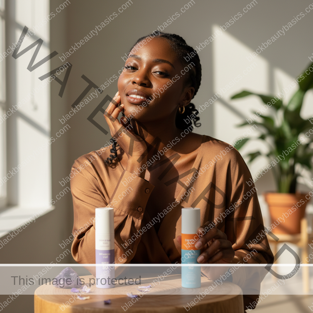 Black woman with deep skin in an editorial sunscreen moment for Mineral vs Chemical Sunscreen for Dark Skin