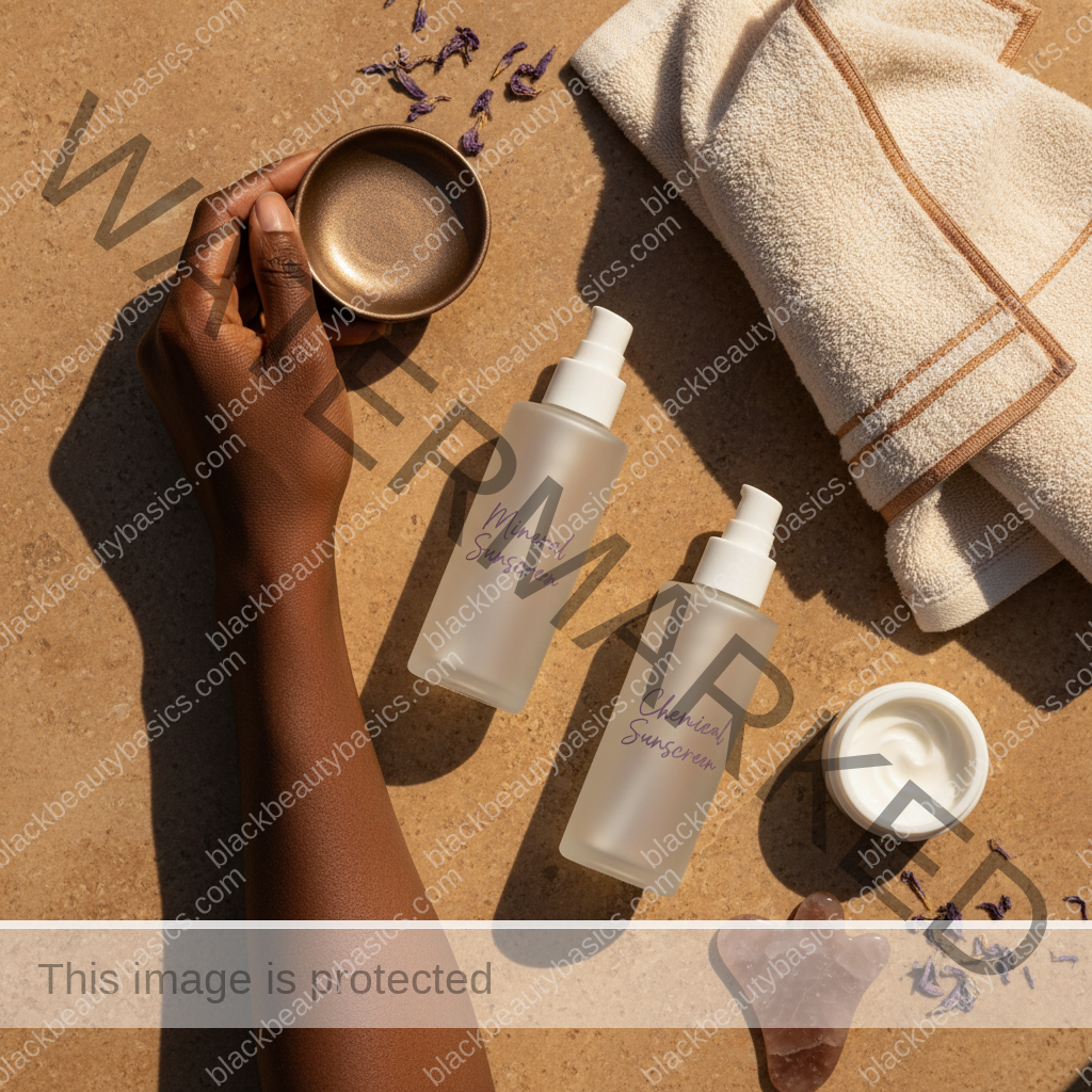 Sunscreen and skincare essentials arranged for Mineral vs Chemical Sunscreen for Dark Skin