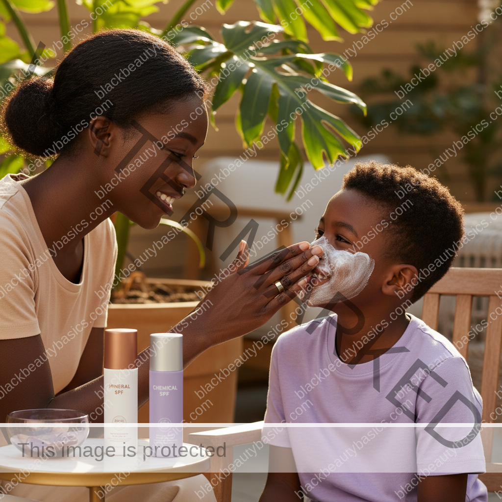 Black woman applying sunscreen in a practical step for Mineral vs Chemical Sunscreen for Dark Skin