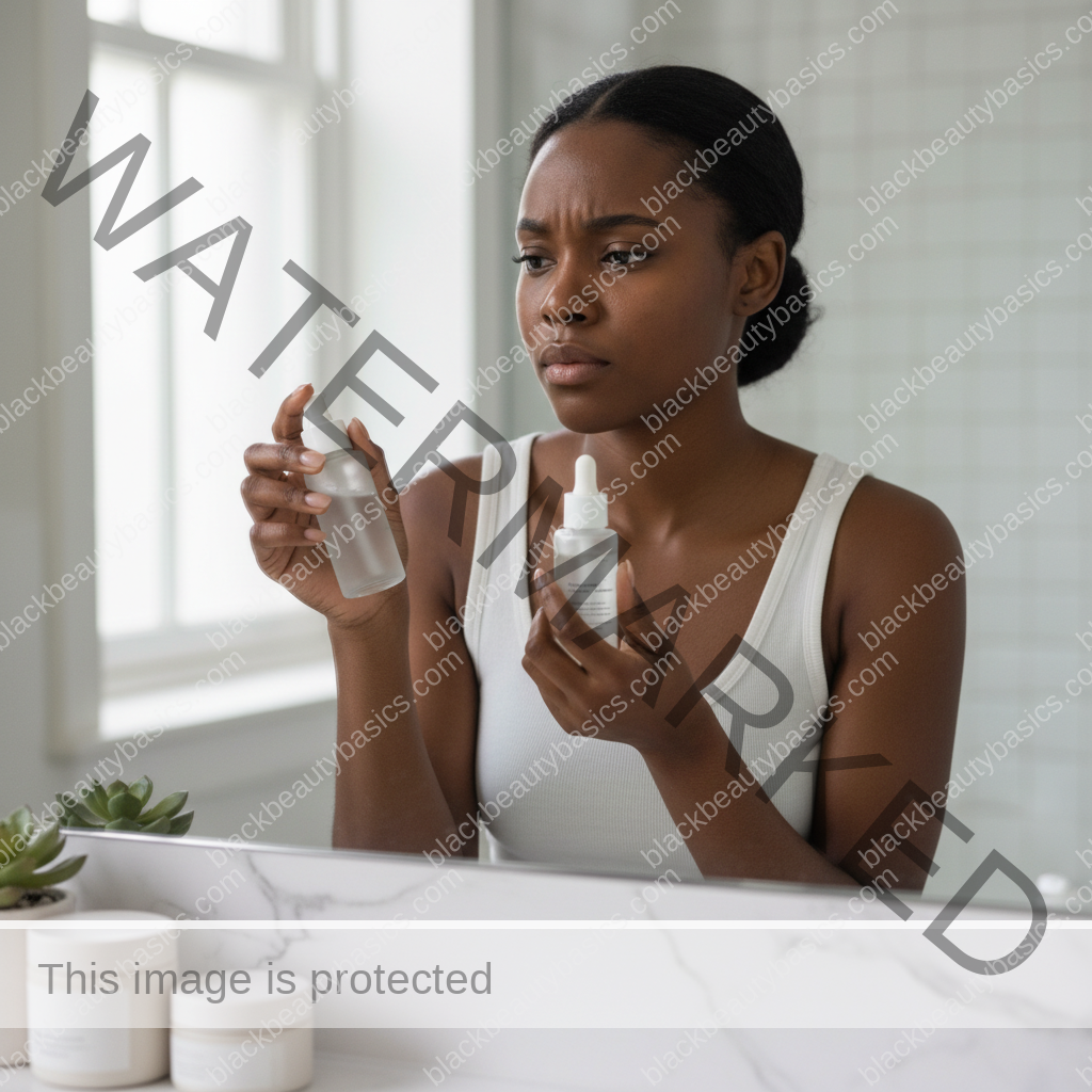 Black woman choosing a moisturizer for acne-prone dehydrated skin