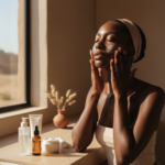 Black woman applying hydrating morning skincare in a dry climate