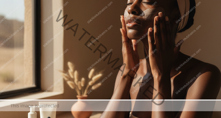 Black woman applying hydrating morning skincare in a dry climate