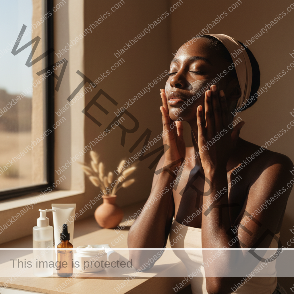 Black woman applying hydrating morning skincare in a dry climate