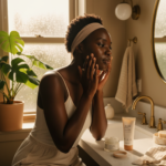 Black woman applying morning skincare in a humid climate with glowing melanin-rich skin