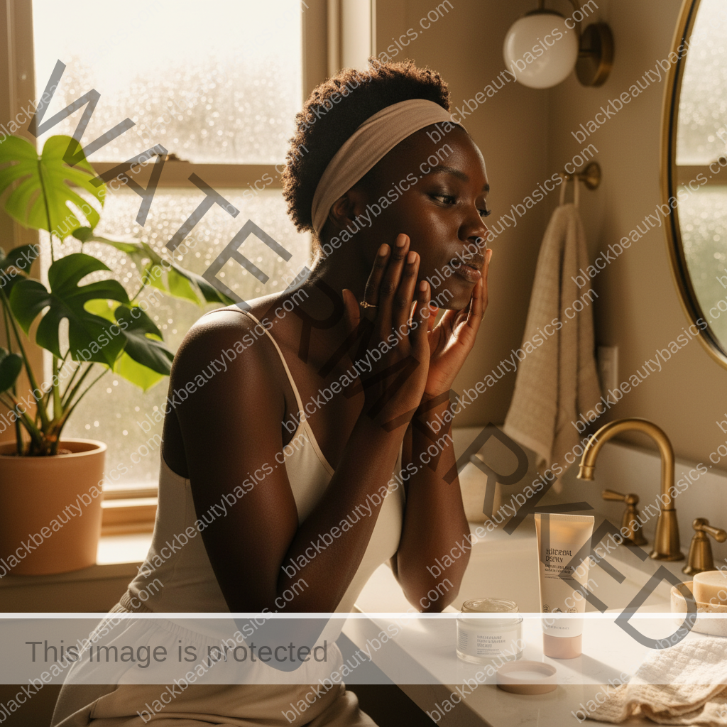 Black woman applying morning skincare in a humid climate with glowing melanin-rich skin