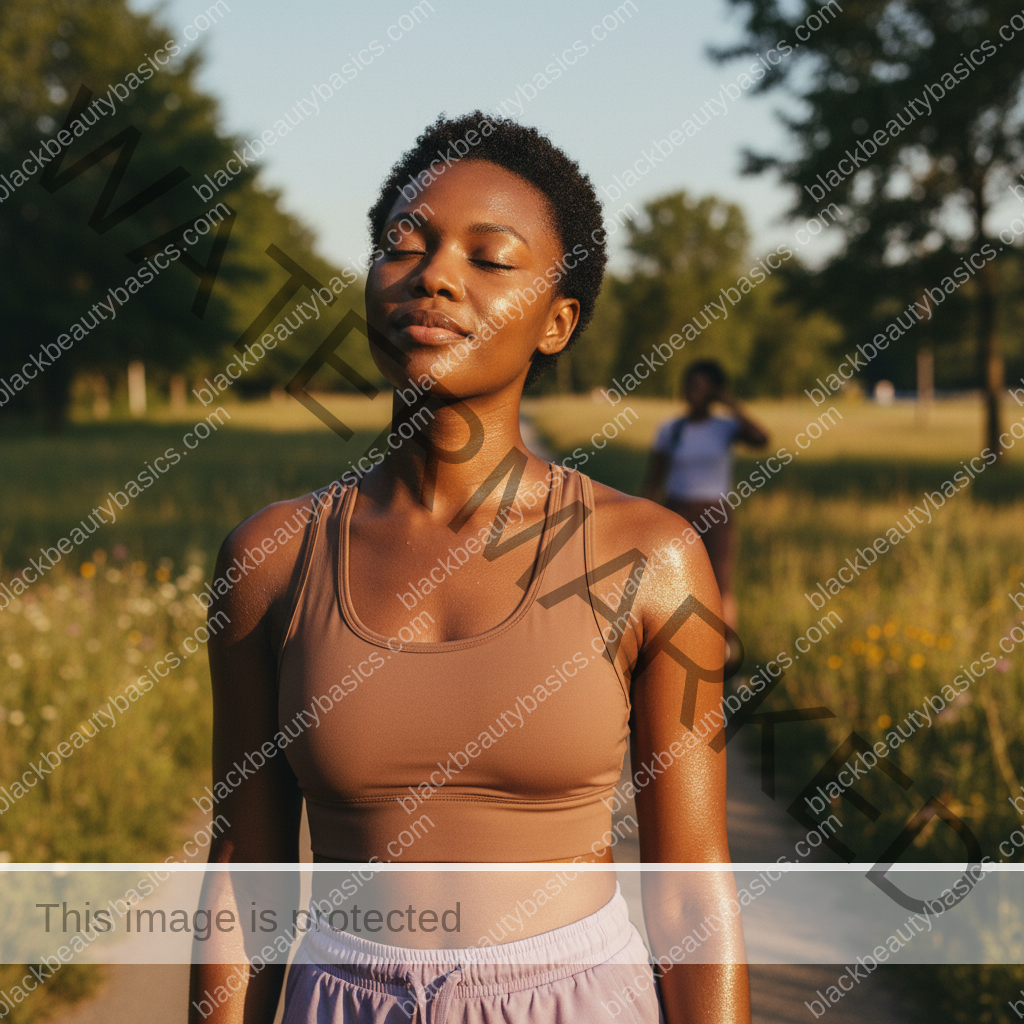 Black woman with deep skin relaxed in soft daylight after sunscreen application
