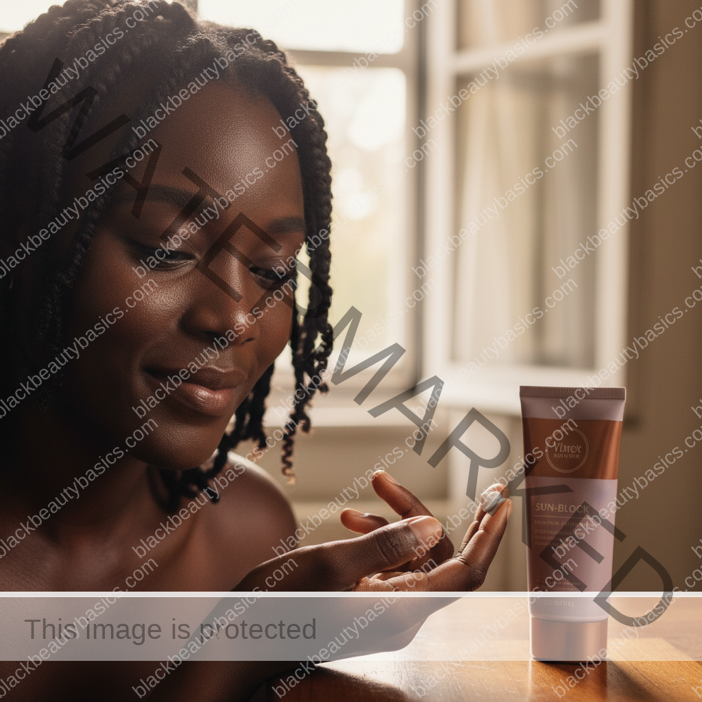 Black woman with richly melanated skin in a calm reflective sunscreen routine moment