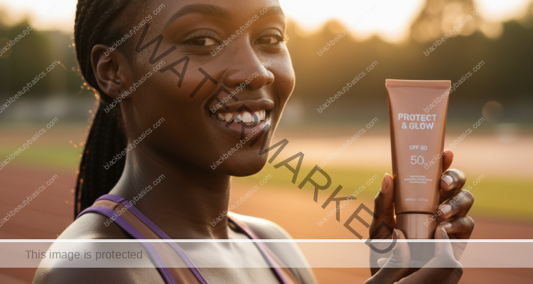 Black woman with deep skin in an editorial sunscreen moment for Sunscreen Routine for Runners and Outdoor Workouts on Dark Skin