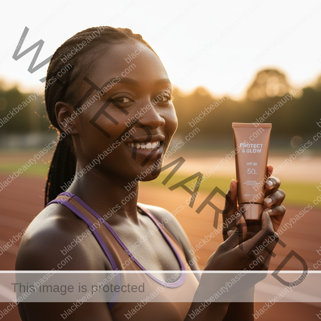 Black woman with deep skin in an editorial sunscreen moment for Sunscreen Routine for Runners and Outdoor Workouts on Dark Skin