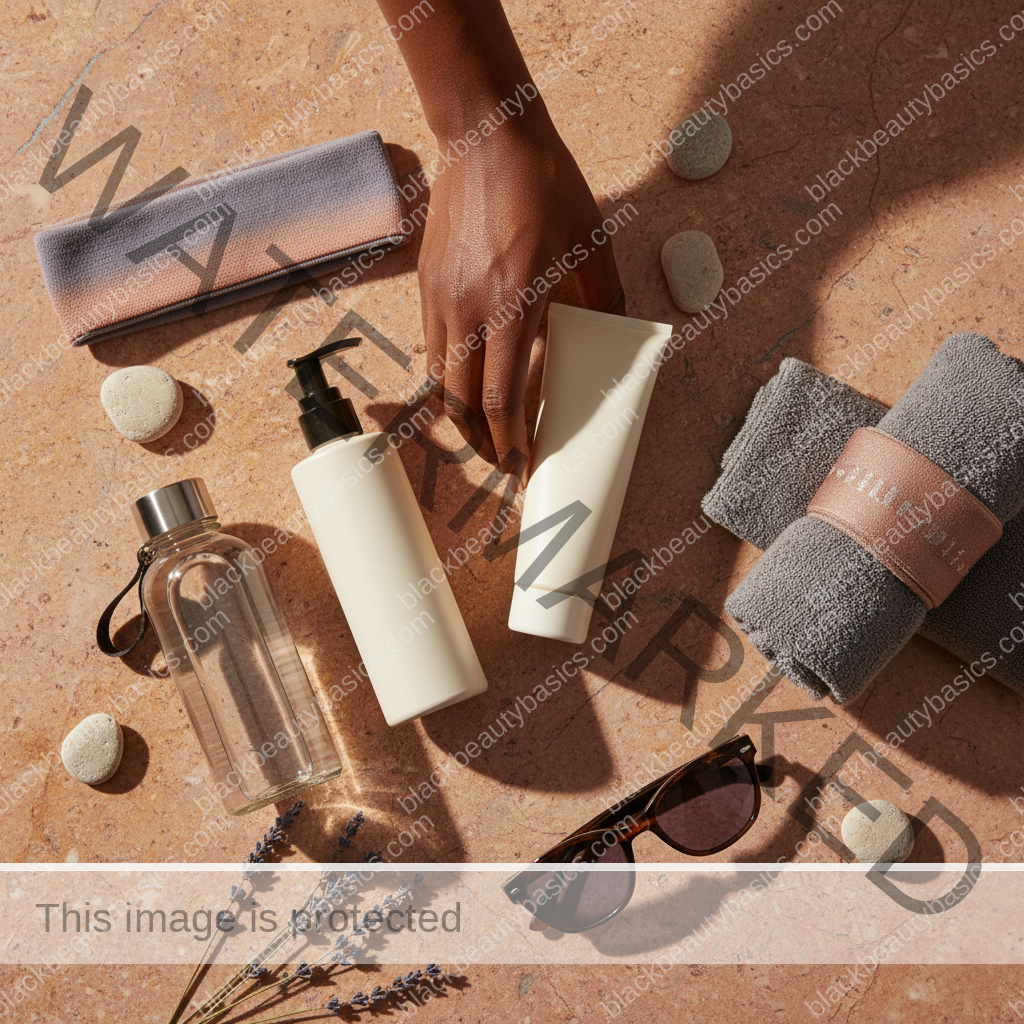Sunscreen and skincare essentials arranged for Sunscreen Routine for Runners and Outdoor Workouts on Dark Skin