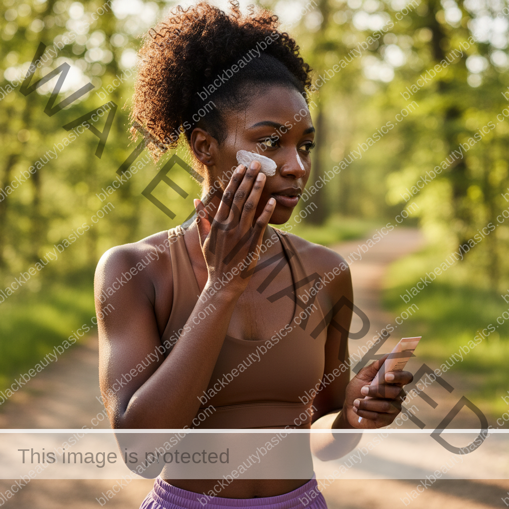 Black woman applying sunscreen in a practical step for Sunscreen Routine for Runners and Outdoor Workouts on Dark Skin