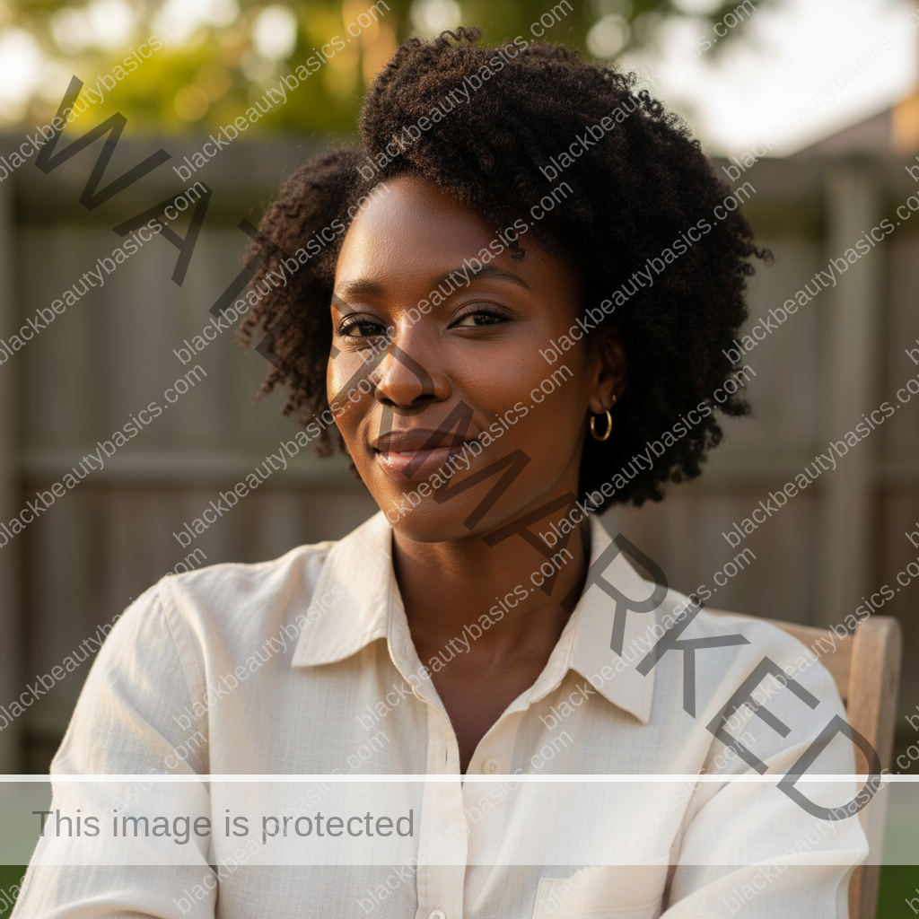 Black woman with deep melanated skin relaxing outdoors with soft confidence and natural skin texture
