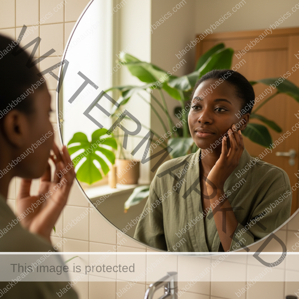 Black woman with deep melanated skin looking calmly into a bathroom mirror while noticing uneven tone without shame