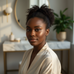 Editorial portrait of a Black woman with deep melanated skin in soft natural light for a hyperpigmentation guide