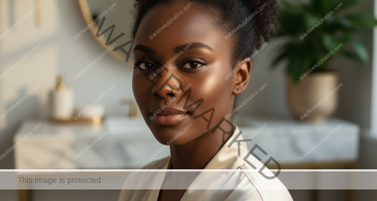 Editorial portrait of a Black woman with deep melanated skin in soft natural light for a hyperpigmentation guide