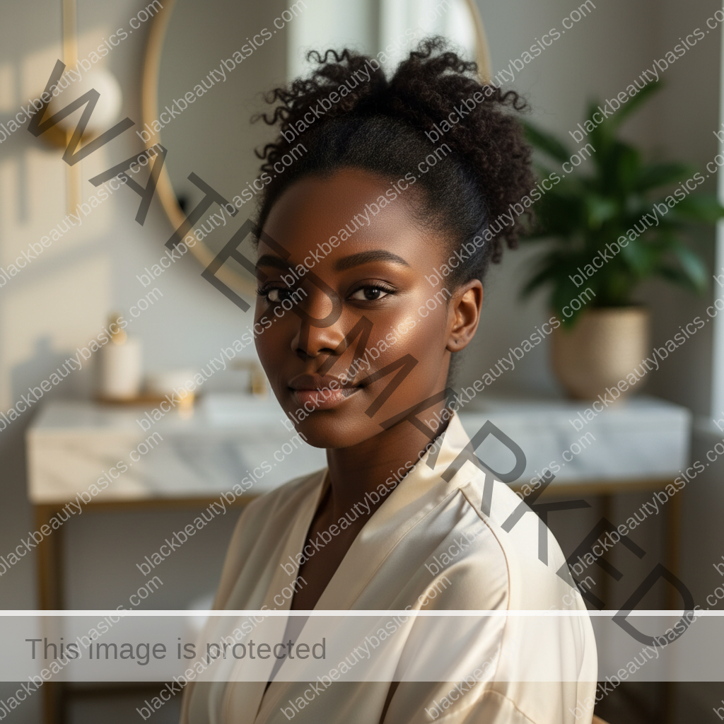 Editorial portrait of a Black woman with deep melanated skin in soft natural light for a hyperpigmentation guide