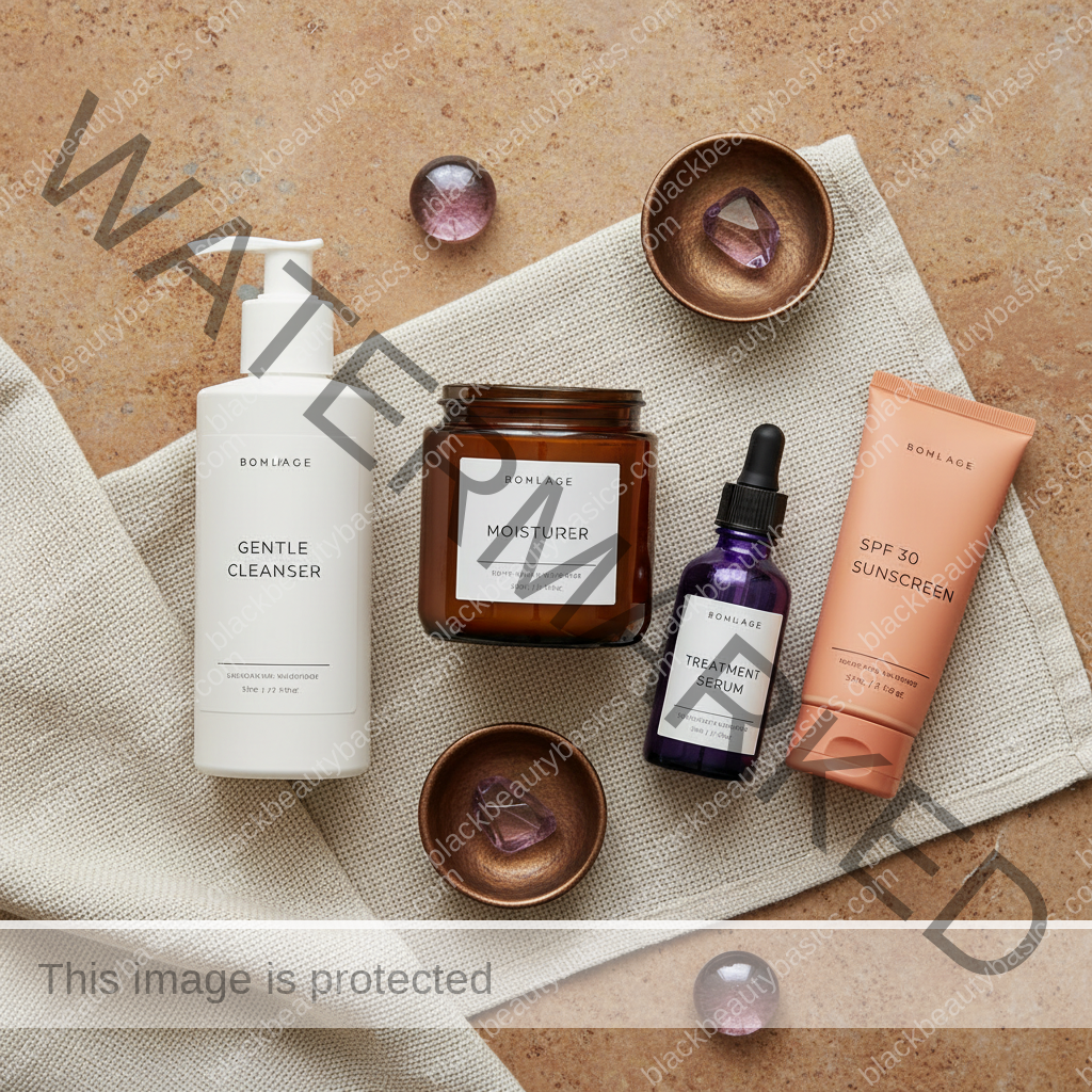 Gentle skincare routine essentials for hyperpigmentation on dark skin arranged on a warm bathroom counter